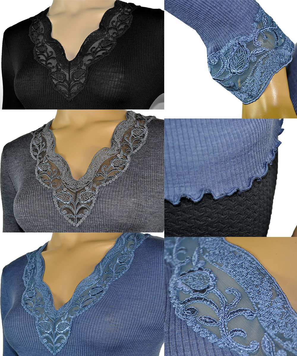 在庫一掃セール SALE 秋冬 高級イタリアブランドニットMORETTA 5339 Vネックレース切替シルク・ウールリブニット　3色