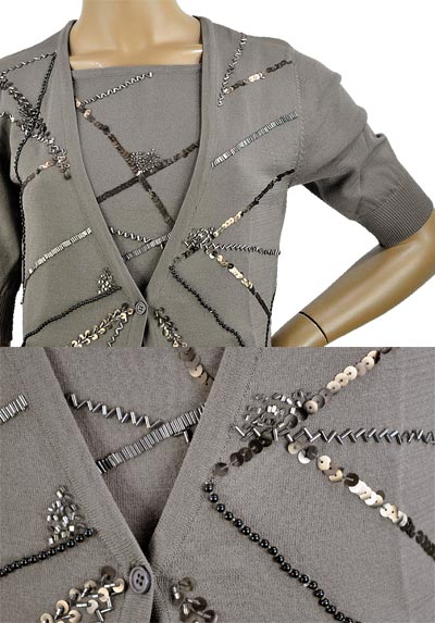 在庫一掃セール 春夏 イタリア インポート ニット ELEONORA AMADEI ビーズ刺繍カーディガン ブラウン 