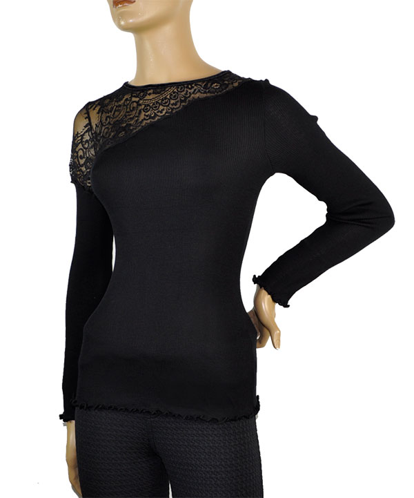在庫一掃セール SALE 秋冬 高級イタリアブランドニットMORETTA 5681 レース切替シルク・ウールリブニット　黒