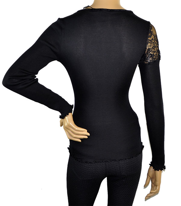 在庫一掃セール SALE 秋冬 高級イタリアブランドニットMORETTA 5681 レース切替シルク・ウールリブニット　黒