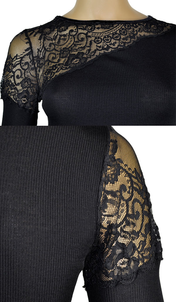 在庫一掃セール SALE 秋冬 高級イタリアブランドニットMORETTA 5681 レース切替シルク・ウールリブニット　黒