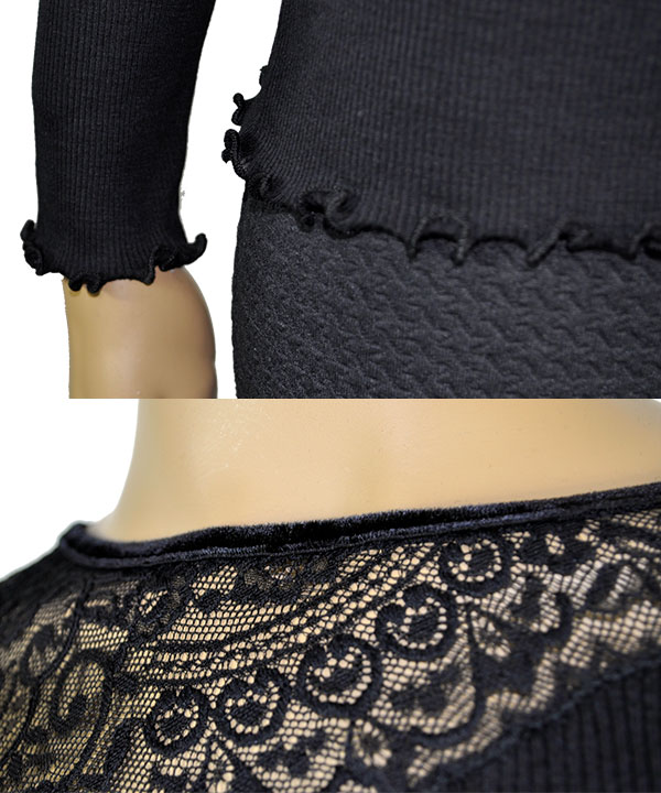 在庫一掃セール SALE 秋冬 高級イタリアブランドニットMORETTA 5681 レース切替シルク・ウールリブニット　黒