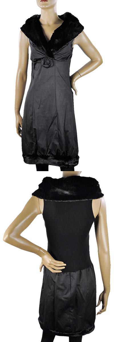 在庫一掃セール 秋冬 インポート ワンピース BARIBA ファー襟デザインワンピース 黒 