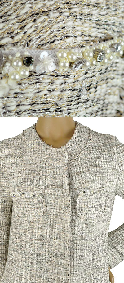 在庫一掃セール  春夏 イタリア インポート コート インポート IKO 刺繍ツイードコート ベージュ 