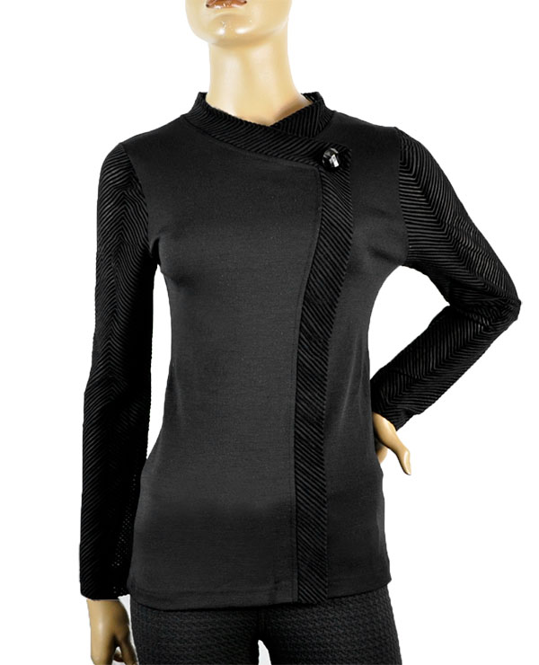 在庫一掃セール SALE 秋冬 高級イタリアブランドニットMORETTA 5692 切替シルク・ウールジャケット風ニット　黒