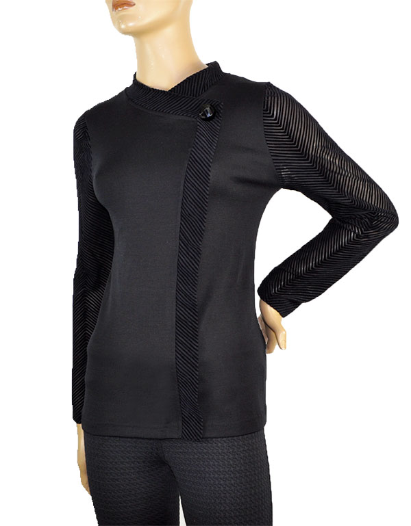 在庫一掃セール SALE 秋冬 高級イタリアブランドニットMORETTA 5692 切替シルク・ウールジャケット風ニット　黒