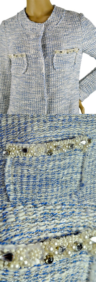 在庫一掃セール  春夏 イタリア インポート コート IKO 刺繍ツイードコート ブルー 