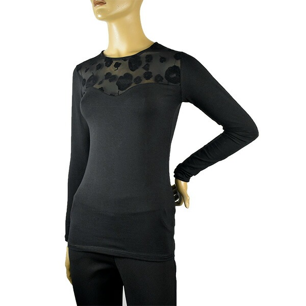 イタリアブランドカットソー JADEA 4466 花柄レース切替長袖カットソー　黒