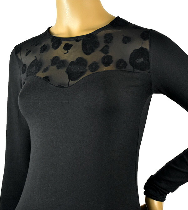 イタリアブランドカットソー JADEA 4466 花柄レース切替長袖カットソー　黒