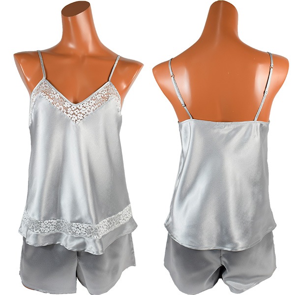 イタリア インポート ブランド ランジェリー ANDRA LINGERIE 9604 サテンとレースのキャミソール・ショートパンツセット グレー