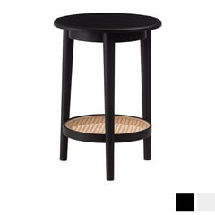 ラタン調棚付きサイドテーブル｜丸型・ナチュラル×ブラック｜ホワイトで映える北欧風インテリア