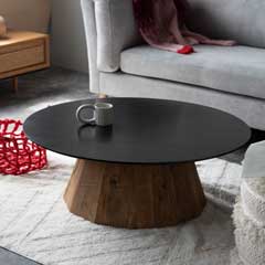 黒天板×パイン古材のローテーブル｜八角フォルムが映えるモダンデザイン｜幅90cm