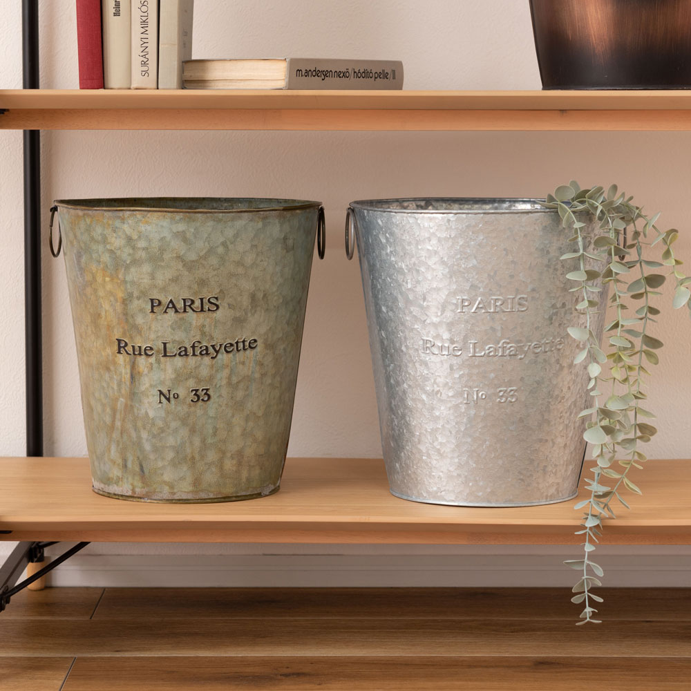 ヴィンテージ風スチールバケツ型プランターカバー|インダストリアルインテリアに最適
