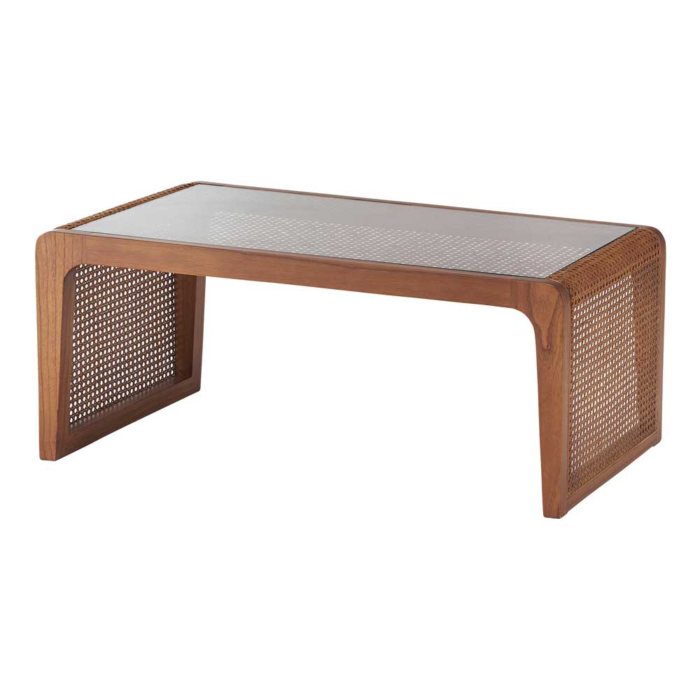 ラタン×ガラス ローテーブル|天然素材の透け感が美しいカゴメ編みデザイン