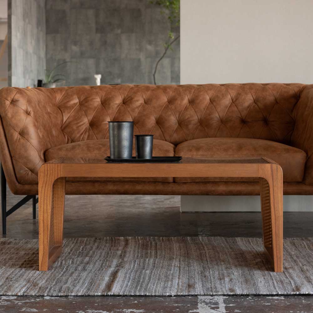 ラタン×ガラス ローテーブル|天然素材の透け感が美しいカゴメ編みデザイン