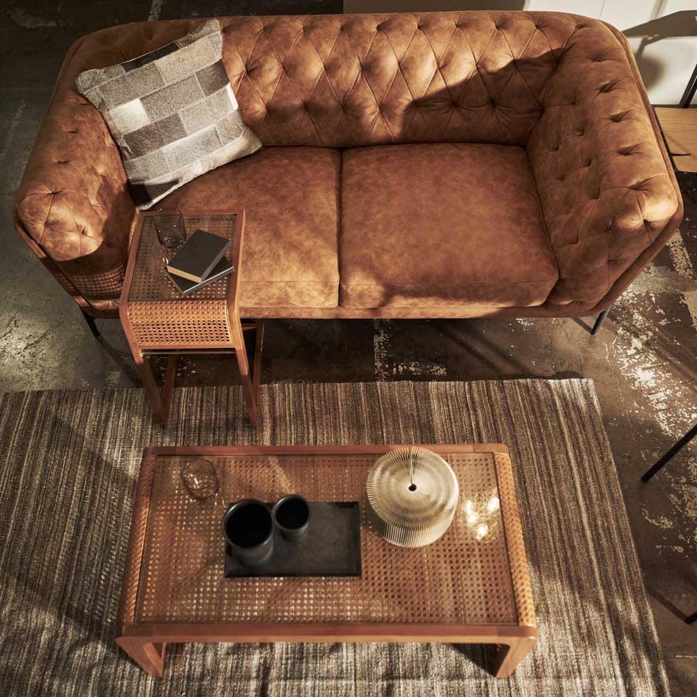 ラタン×ガラス ローテーブル|天然素材の透け感が美しいカゴメ編みデザイン