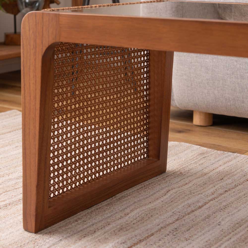 ラタン×ガラス ローテーブル|天然素材の透け感が美しいカゴメ編みデザイン