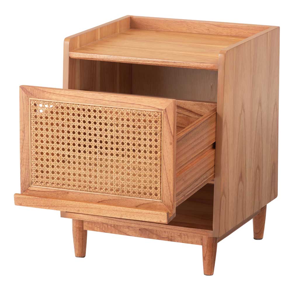 北欧　サイドテーブル　ナイトテーブル　北欧家具 ラタン×天然木の北欧風ナイトテーブル｜収納付きサイドテーブル