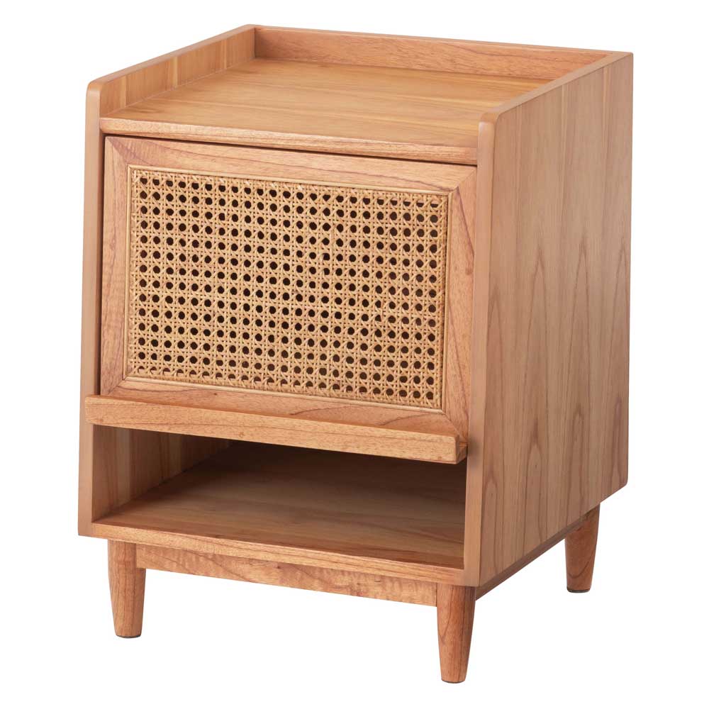 ラタン×天然木の北欧風ナイトテーブル｜収納付きサイドテーブル