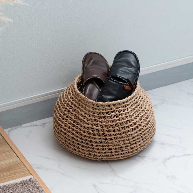 ナチュラル手編みラウンドバスケット｜ボヘミアンスタイル