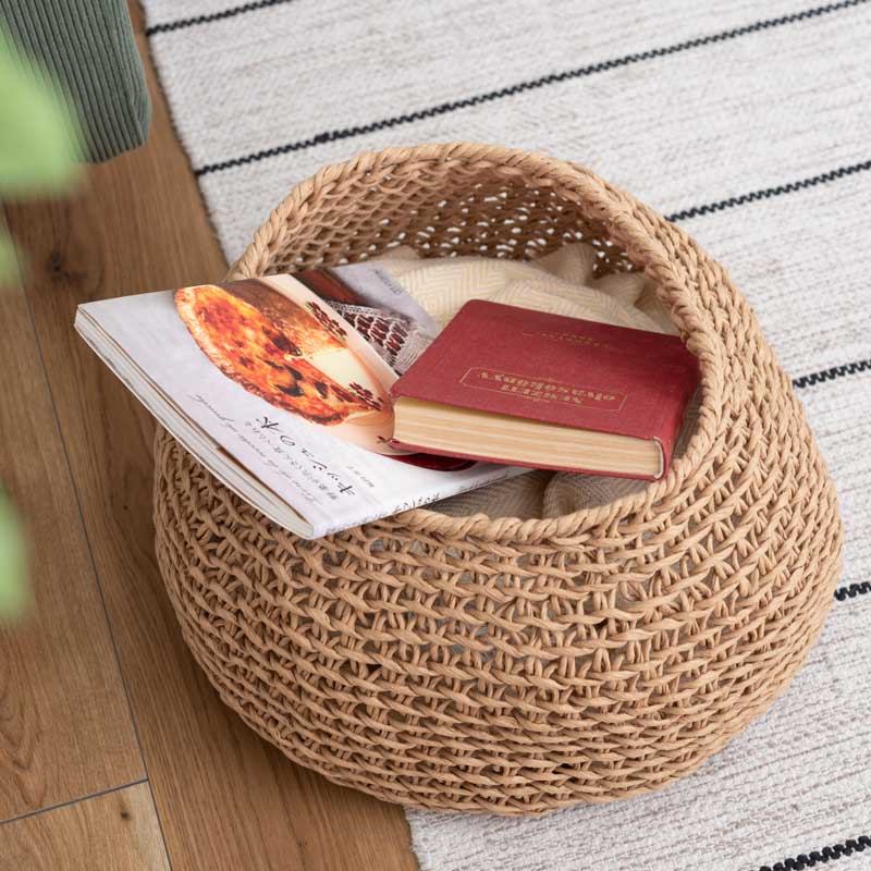 ナチュラル手編みラウンドバスケット｜ボヘミアンスタイル