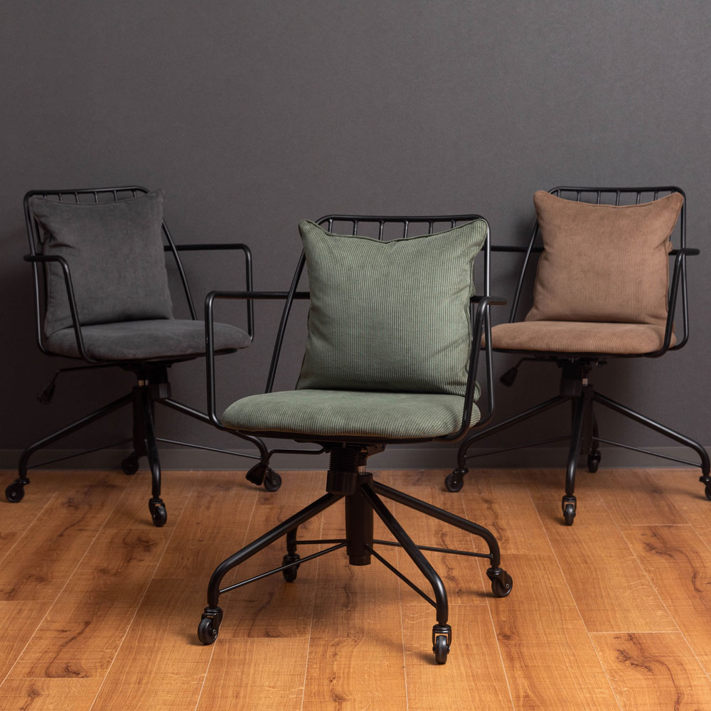 コーデュロイ×スチールのヴィンテージ感漂うデスクチェア|昇降・ロッキング機能付