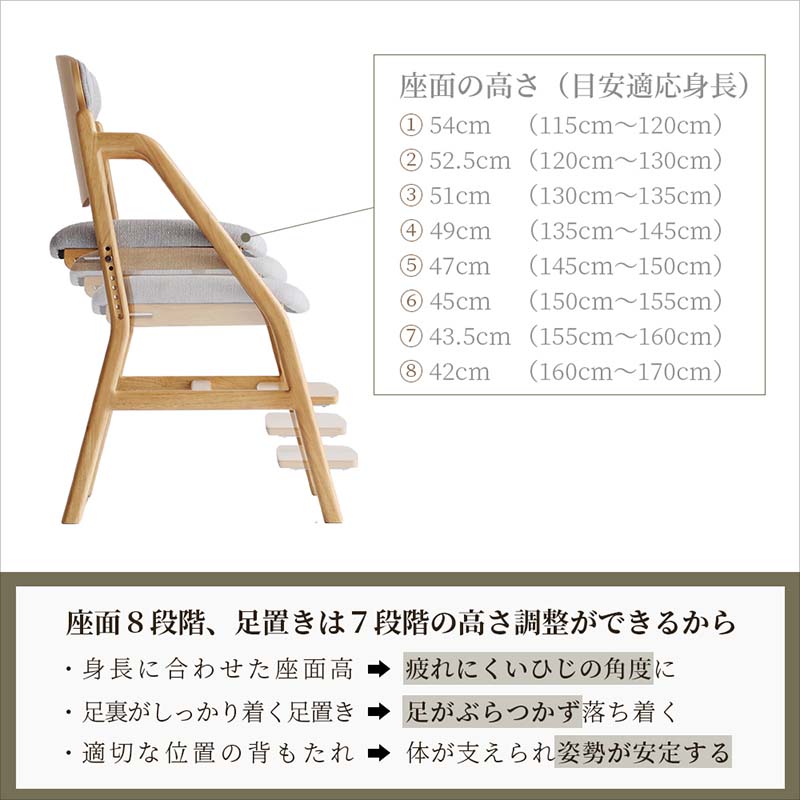 成長に寄り添う調整式ダイニング学習チェア｜広々背もたれデザイン