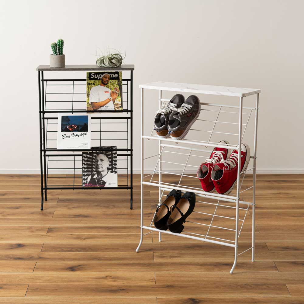 スタイリッシュ＆スリム｜石目調天板の3段シューズラック | インテリア