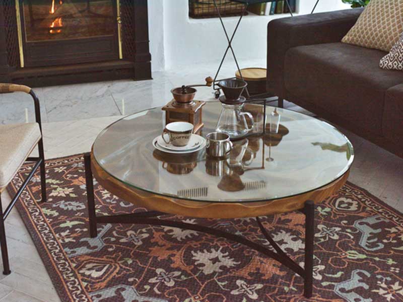 チークとガラス天板のリビングテーブル｜φ90cm