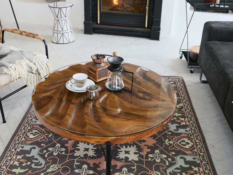 チークとガラス天板のリビングテーブル｜φ90cm