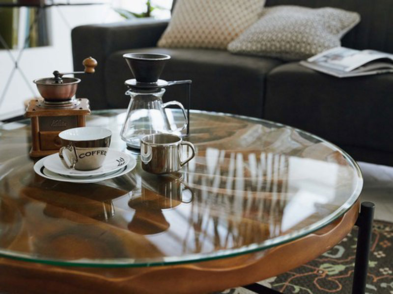 チークとガラス天板のリビングテーブル｜φ90cm