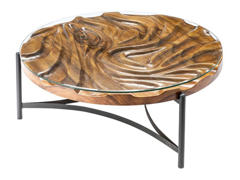 チークとガラス天板のリビングテーブル｜φ90cm