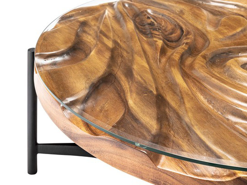 チークとガラス天板のリビングテーブル｜φ90cm