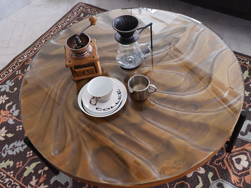 チークとガラス天板のリビングテーブル｜φ90cm