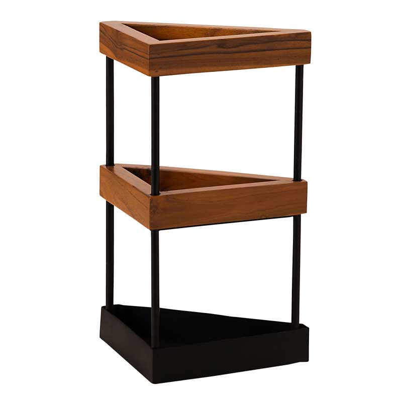 コーナーにぴったり収まる傘立て|北欧風チーク×アイアンの三角アンブレラスタンド