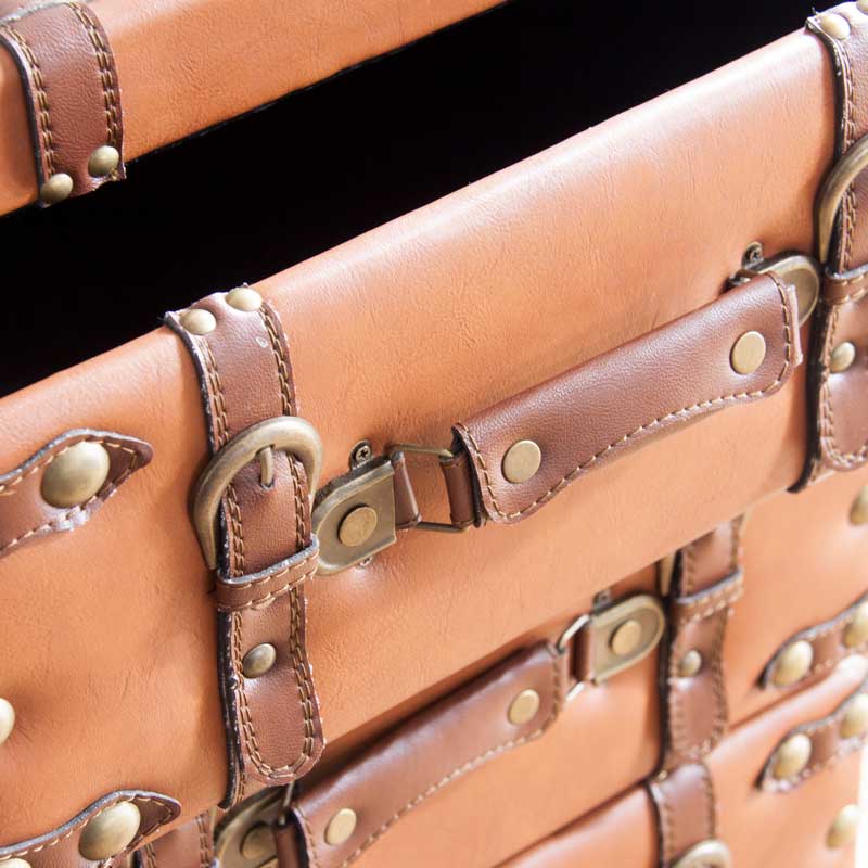 トランク風3段チェスト｜ヴィンテージ映えるレザー調収納