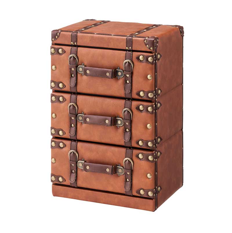 トランク風3段チェスト｜ヴィンテージ映えるレザー調収納