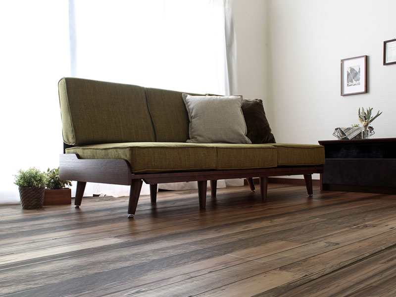 SOGO相合家具タモ材木枠ローソファ3人掛北欧