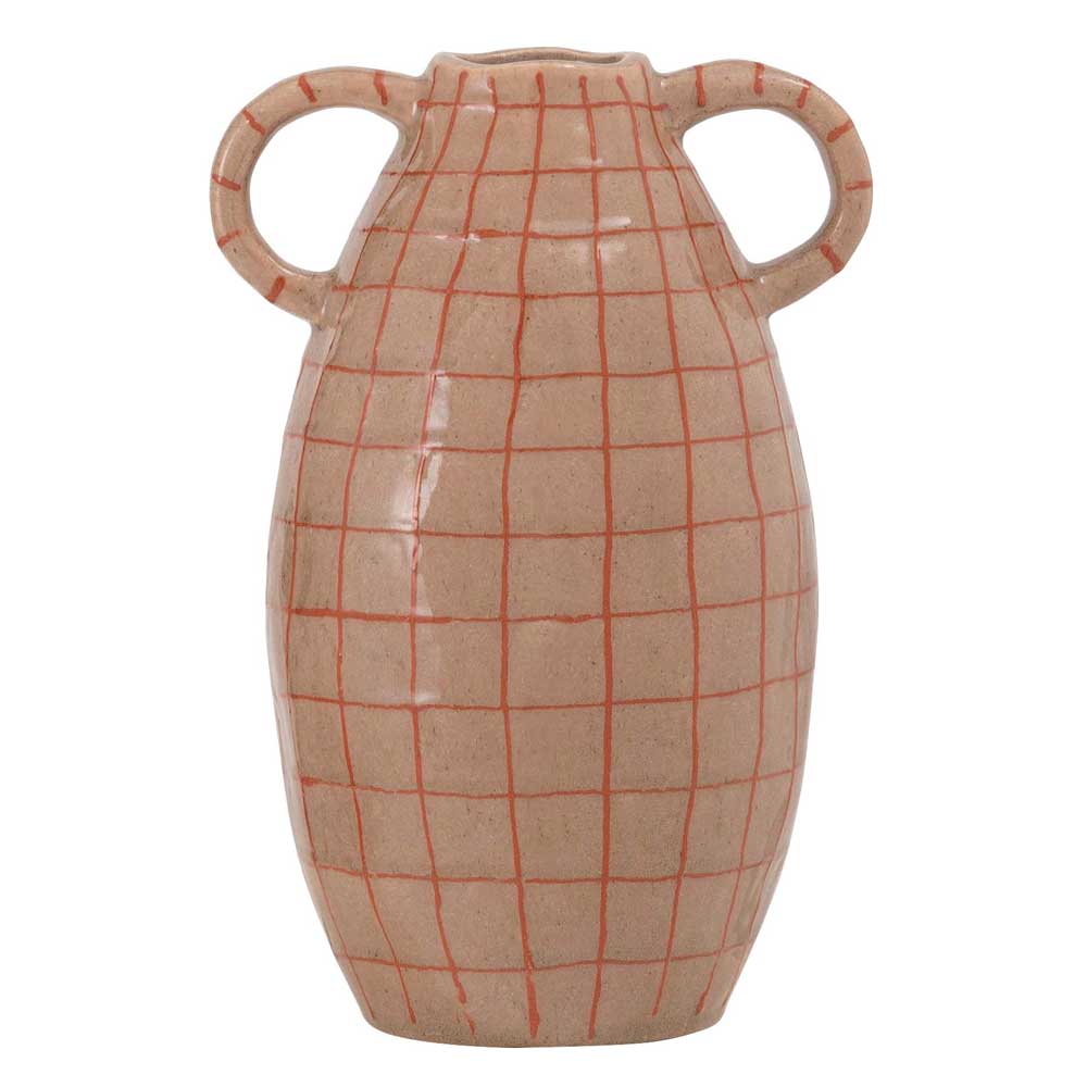 クラシカルなハンドル付きフラワーベース|チェック柄がアクセントの陶器ベース