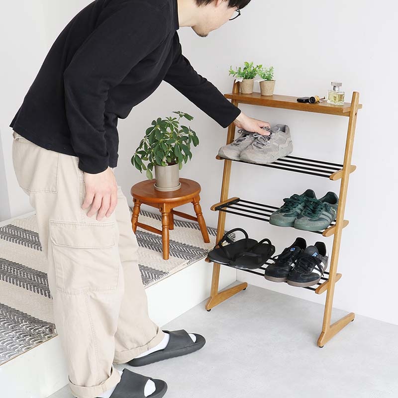 木目×スチールのスタイリッシュシューズラック｜ナチュラルモダン玄関収納