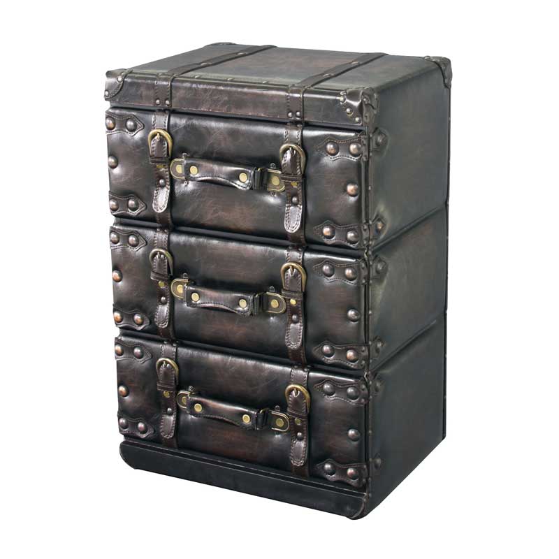 ブラックレザー調のトランク風3段チェスト|重厚感ある男前収納