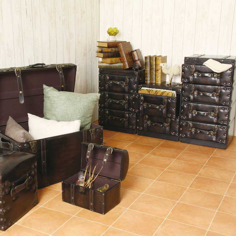 ブラックレザー調のトランク風3段チェスト|重厚感ある男前収納