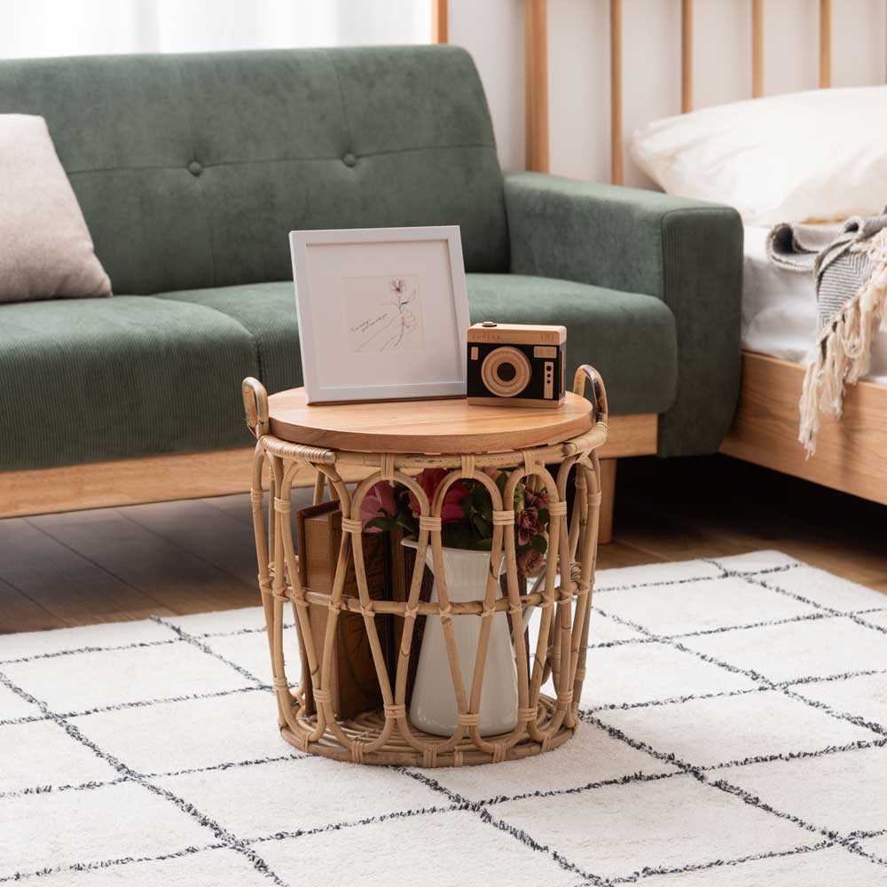 ラタンの収納テーブル おしゃれな取り外し天板付き｜収納バスケット