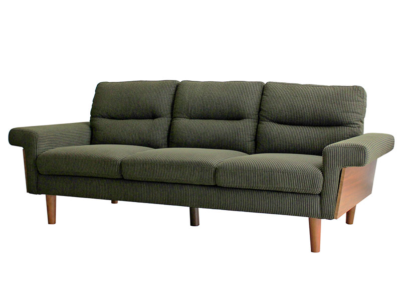 モスグリーンのコーデュロイ風生地が個性的な三人掛けデザイン
