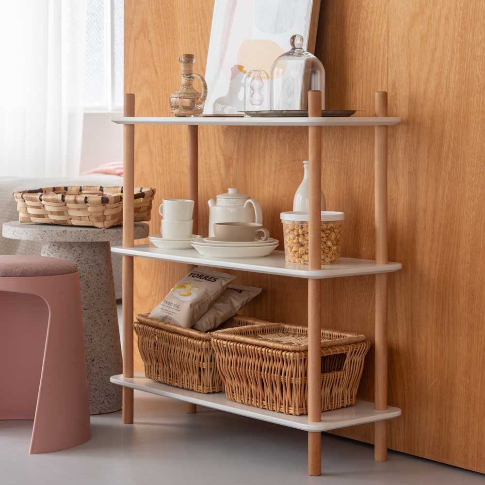 ホワイト×天然木 3段オープンラック｜優しい印象の北欧風