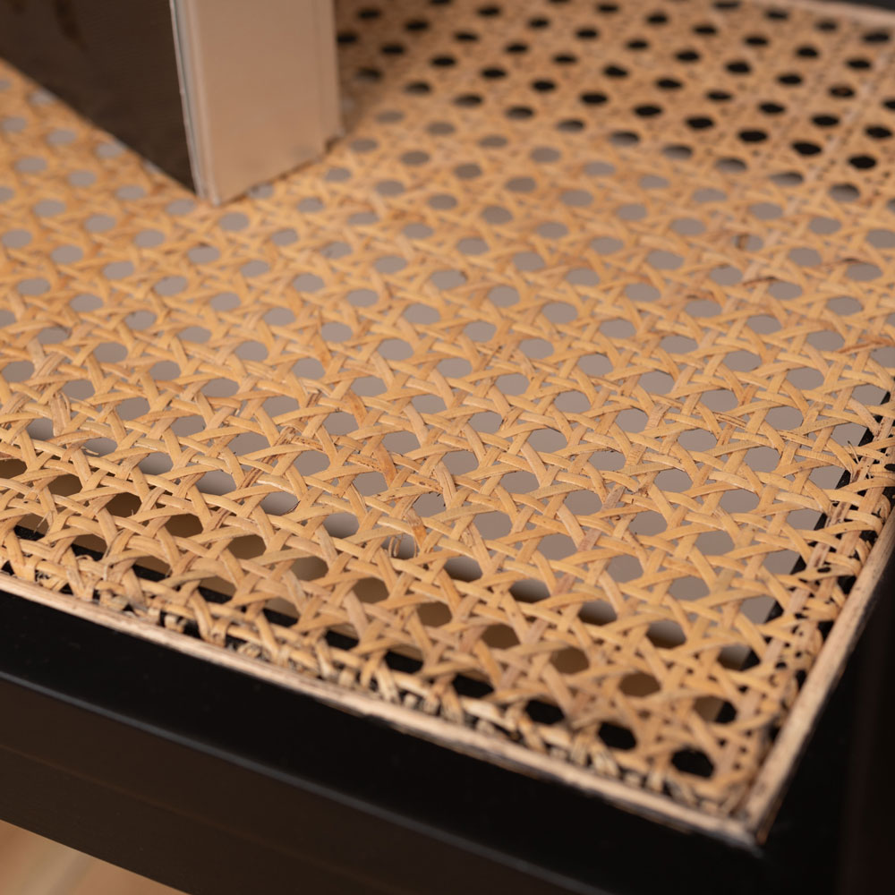 天然木×ラタンのオープンシェルフ｜ガラス天板＆クラシカルなデザイン｜幅80cm