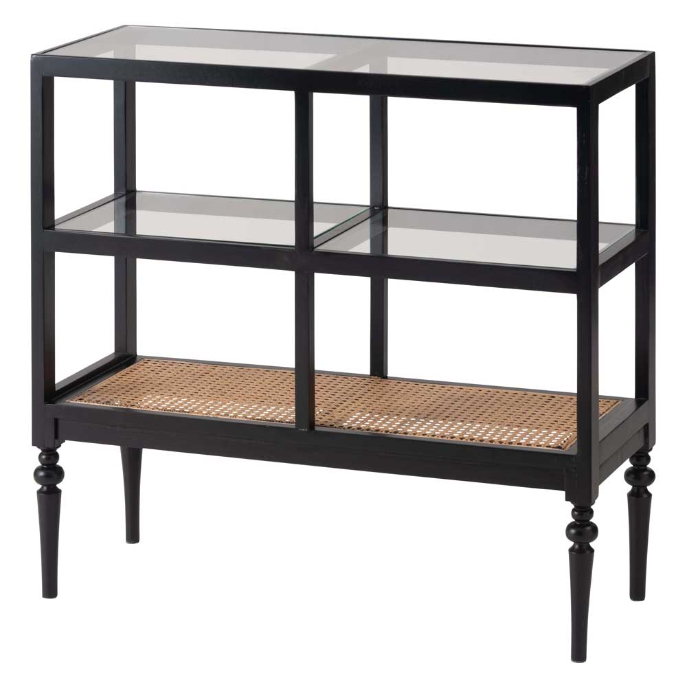 天然木×ラタンのオープンシェルフ｜ガラス天板＆クラシカルなデザイン