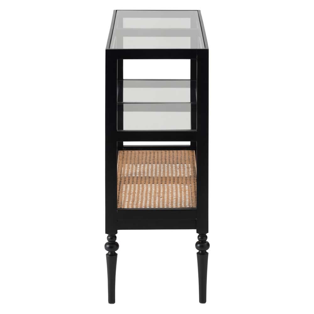 天然木×ラタンのオープンシェルフ｜ガラス天板＆クラシカルなデザイン｜幅80cm