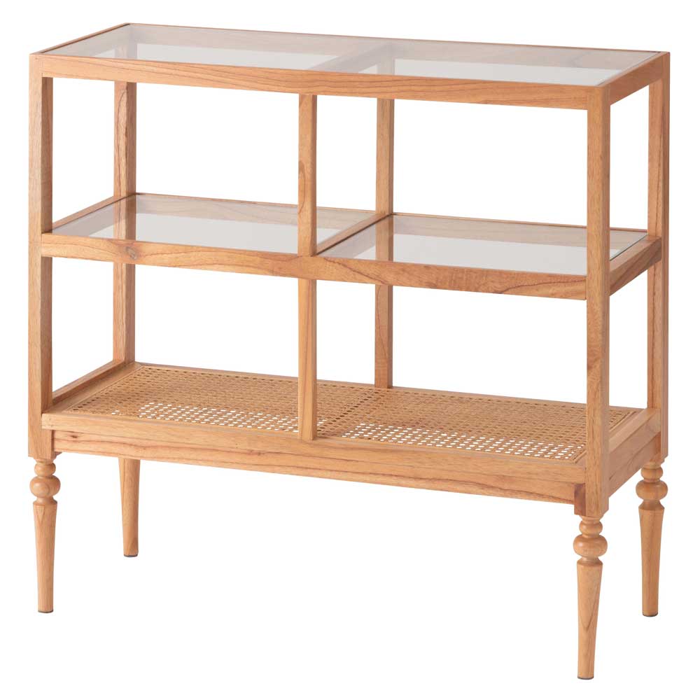 天然木×ラタンのオープンシェルフ｜ガラス天板＆クラシカルなデザイン｜幅80cm