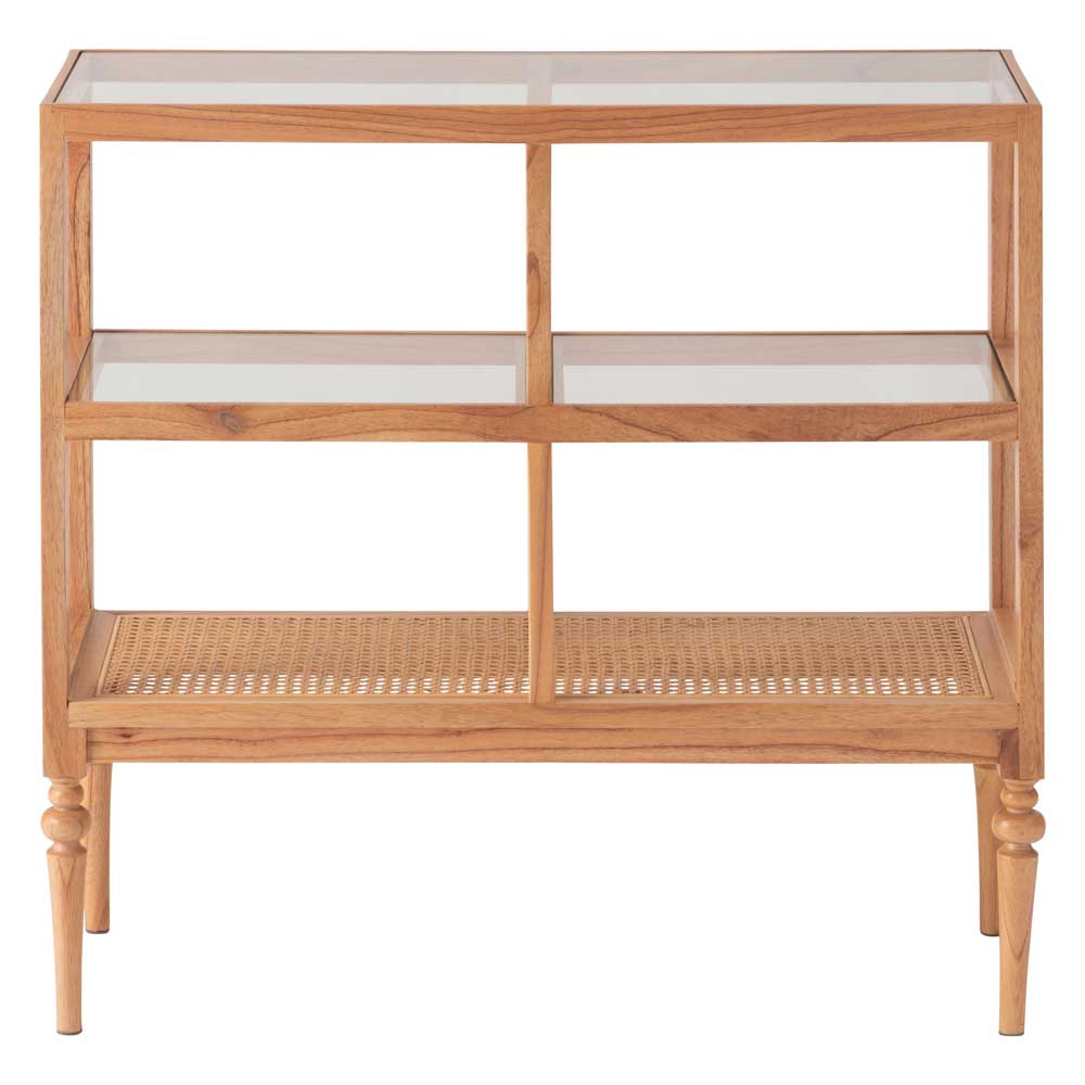 天然木×ラタンのオープンシェルフ｜ガラス天板＆クラシカルな